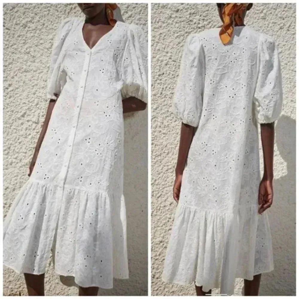 Zara White Marta Eyelet Embroidered Puff Sleeve Button Front Midi Dress Size S